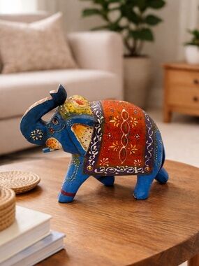 Kusum Art Rajasthani Hand Painted Elephant Figurine | Indian Folk Art Decor 9.5”